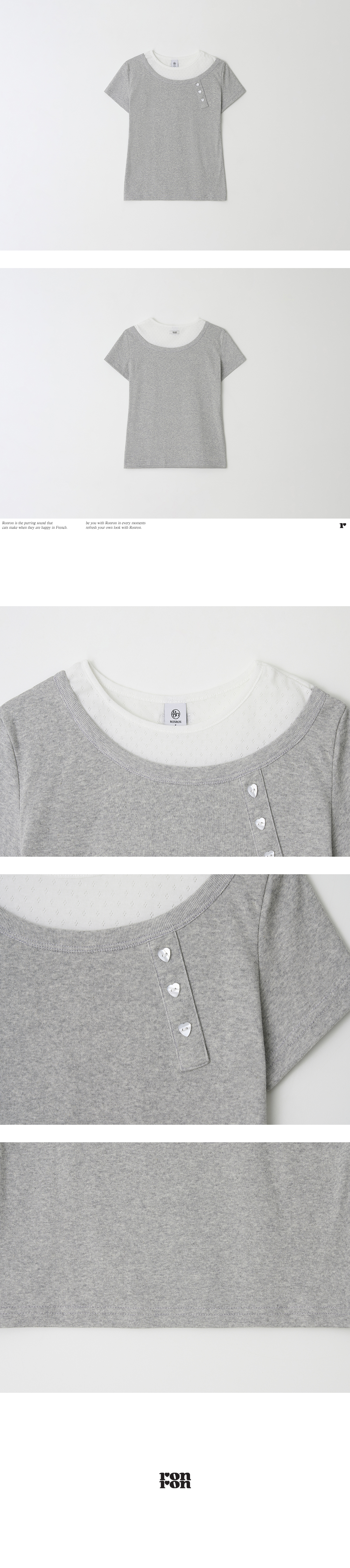 ASYMMETRIC HEART BUTTON LAYERED T SHIRT GREY - RONRON 론론