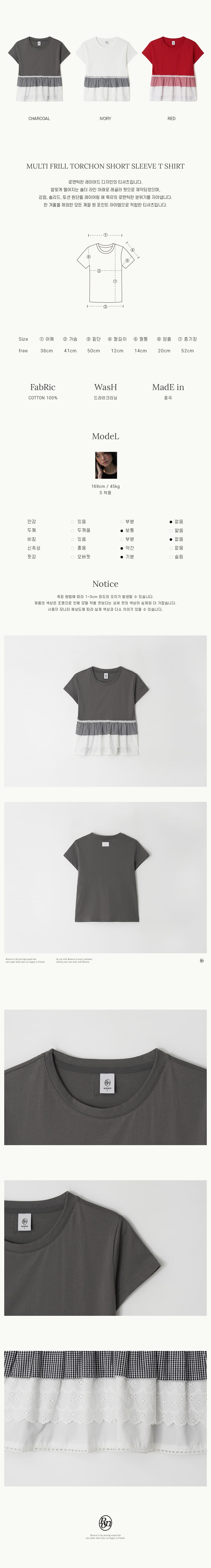 Tシャツ・カットソー RONRON MULTI FRILL TORCHON SHORT SLEEVE T SHIRT CHARCOAL RR2 MULTI FRILL TORCHON SHORT SLEEVE T SHIRT CHARCOAL - RONRON 론론